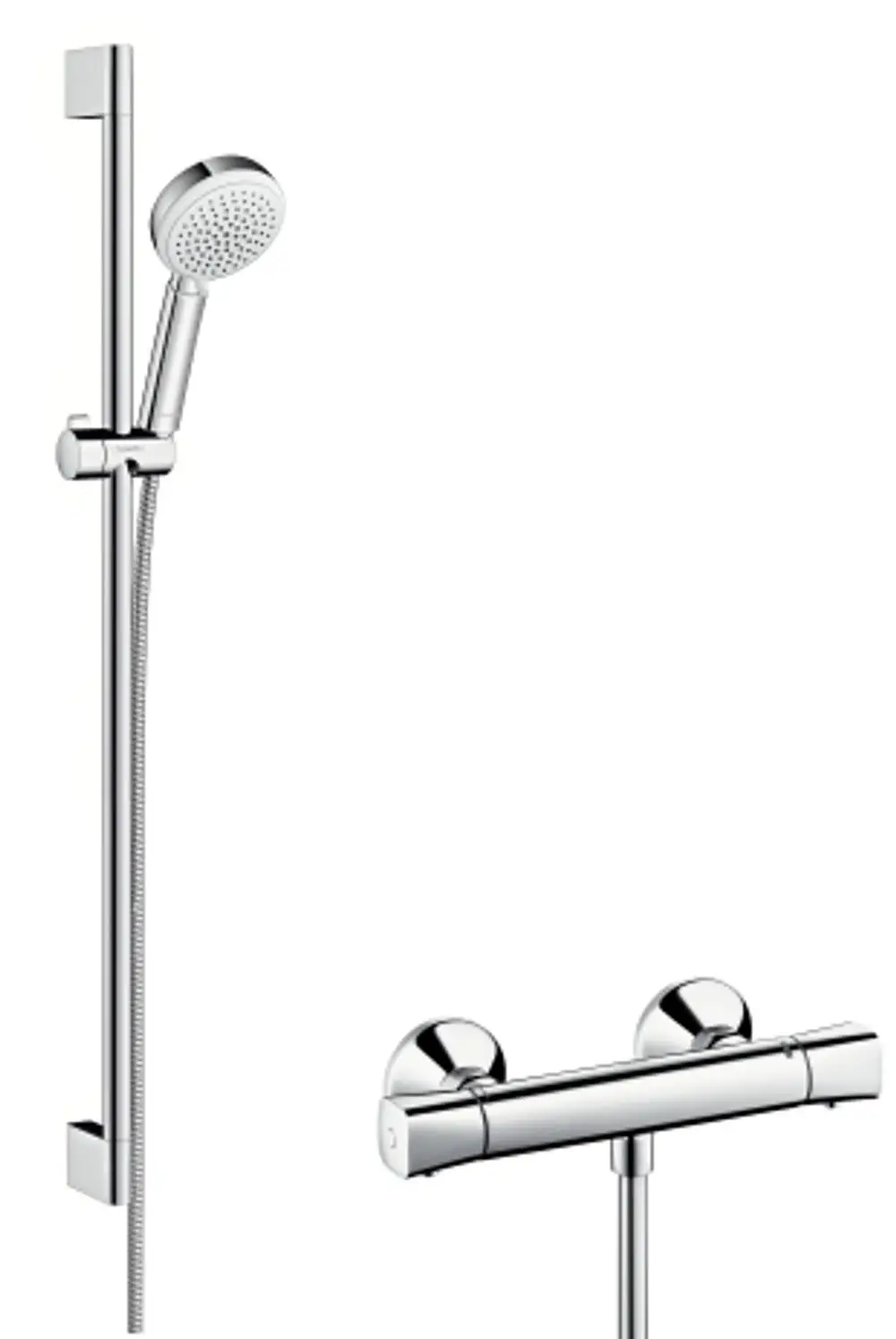 Brausesystem von Hansgrohe mit einer Handbrause, verstellbarer Halterung, Thermostat für Temperaturregulierung und einem Schlauch, montiert an einer Wand.